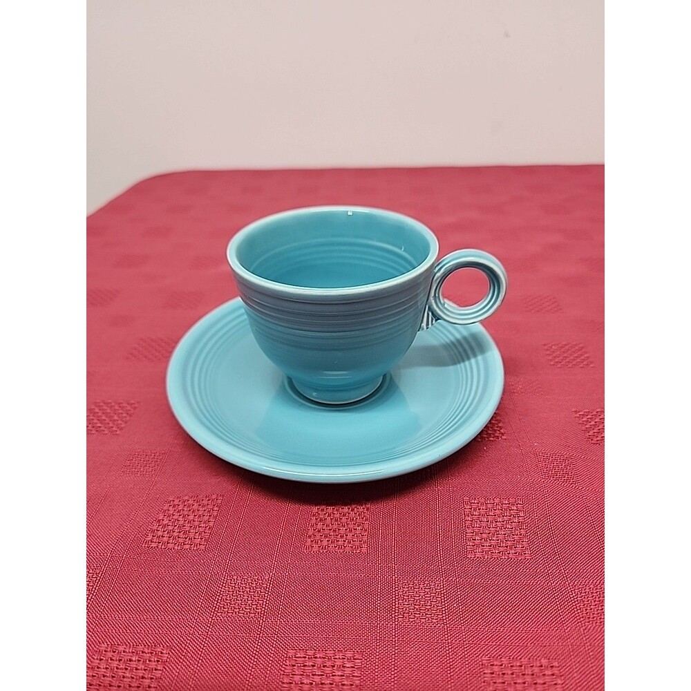 Vintage Fiesta Ring Handled Turquoise Footed Cup And Saucer Set  1960's EUC